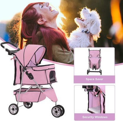 3 Wheels Pet Stroller Dog Stroller Cat Cage Jogger Stroller Cats Travel Folding Carrier Waterproof Puppy Stroller with Cup Holder & Removable Liner (Pink)