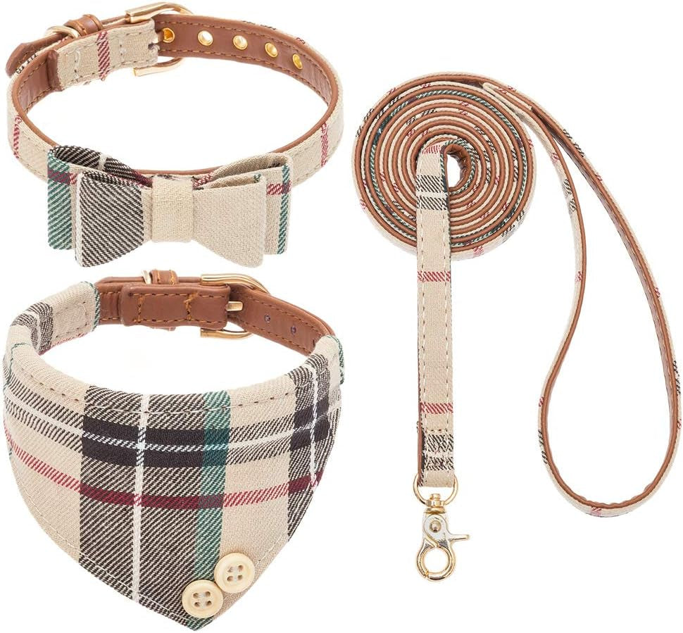 Dog Collar and Leash Set - Classic Plaid Dog Bow Tie and Dog Bandana Collar, Dog Leash Tangle Free, Adjustable Collars for Small Medium Large Dogs Cats, Holiday Ideal Gift